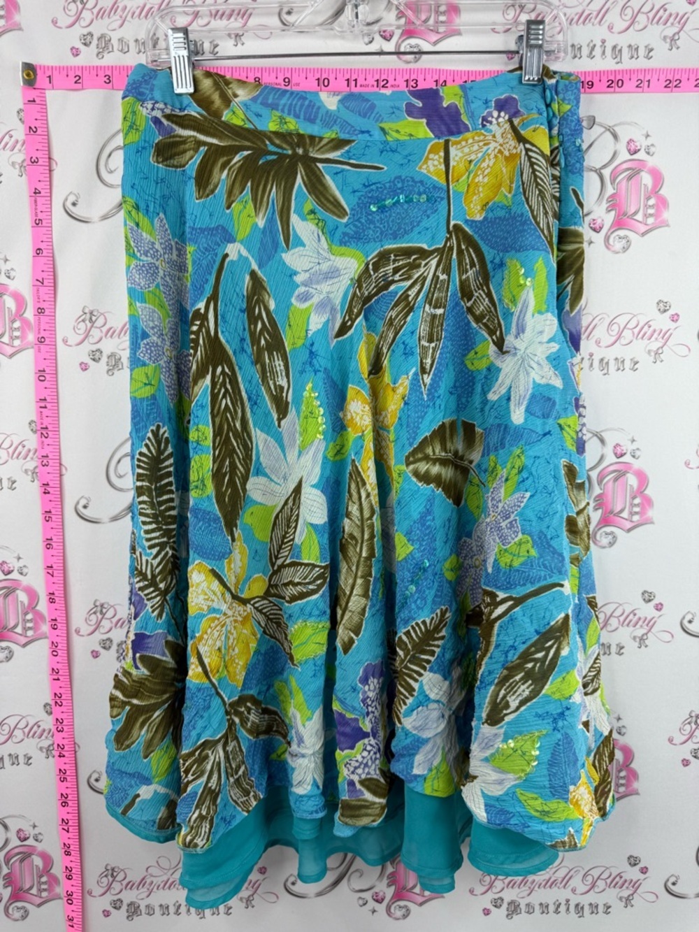 Laura Ashley Midi Skirt Turquoise sequins Floral partterns + Green White Leaves
